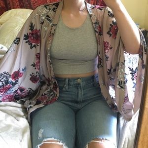 Dark Tan Floral Kimono W/ Waist Cinching